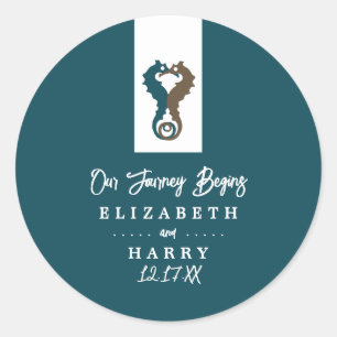 Seahorse Romance, Beach Wedding Ronde Sticker