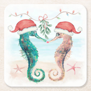 Seahorse Santa Coastal Kerstmis Kiss Beach Vierkante Kartonnen Onderzetter