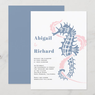 Seahorse, seaweed dusty blue, blush strand bruilof kaart