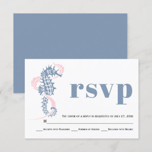 Seahorse, seaweed dusty blue, blush strand bruilof RSVP kaartje