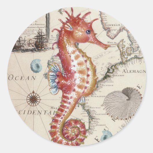 Seahorse Shabby Ronde Sticker (Voorkant)