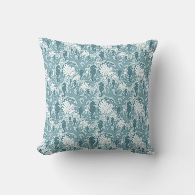 Seahorse Shell Coral Pattern Blauwgroen Sierkussen (Voorkant)