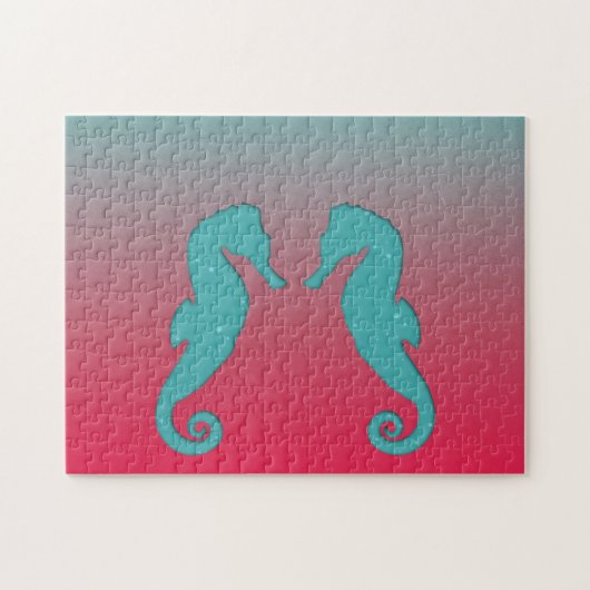 Seahorse silhouettes Turquoise aqua Nautical Legpuzzel (Horizontaal)