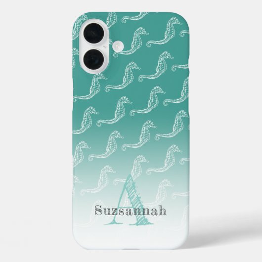Seahorse Skeleton Pattern Zee Green Monogram Name Case-Mate iPhone Case (Achterkant)