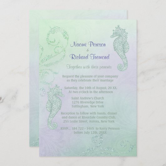 Seahorse Sparkle Wedding Invitation Kaart (Voorkant / Achterkant)