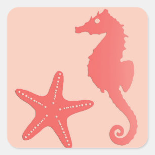 Seahorse & Starfish, Coral Oranje Vierkante Sticker