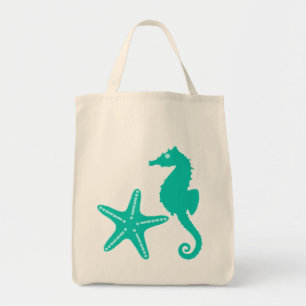 Seahorse & Starfish, turquoise en aqua Tote Bag
