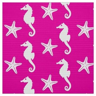 Seahorse & starfish - white on fuchsia roze stof