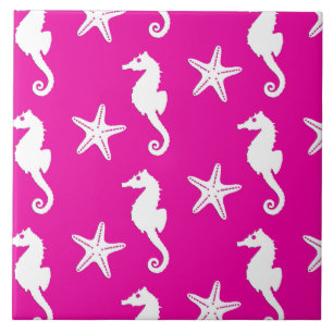 Seahorse & starfish - white on fuchsia roze tegeltje