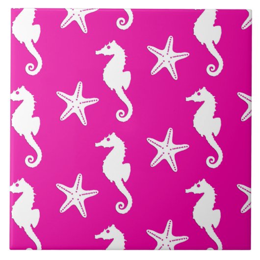 Seahorse & starfish - white on fuchsia roze tegeltje (Voorkant)