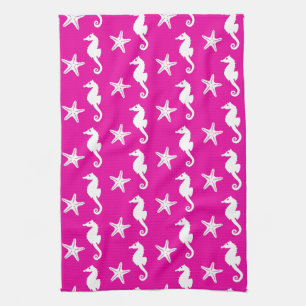 Seahorse & starfish - white on fuchsia roze theedoek
