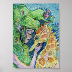 Seahorse Whisperer Mermaid waterverf art Poster