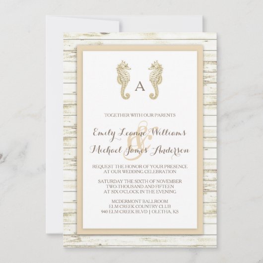 Seahorse Whitewashed Wood Beach Wedding Invitation (Devant)