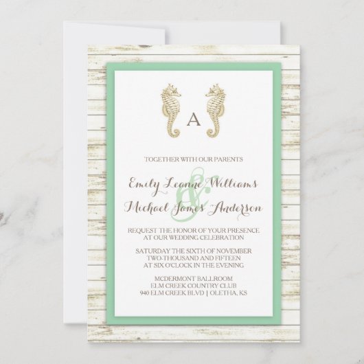 Seahorse Whitewashed Wood Beach Wedding Invitation (Devant)