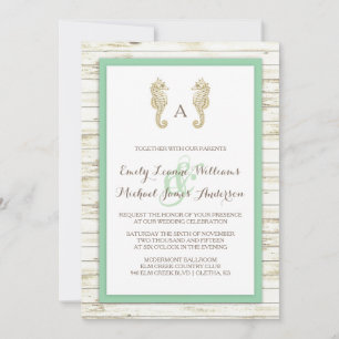 Seahorse Whitewashed Wood Beach Wedding Invitation