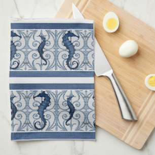 Seahorse Wood Scrolls Beach Home Decor Navy White Theedoek