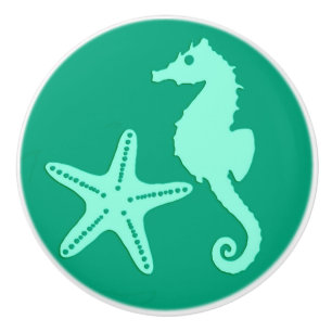 Seahorse & zeester - wintertaling en seafoam groen keramische knop