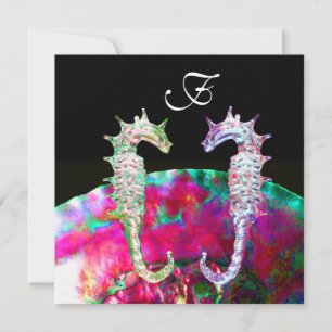 SEAHORSES BEACH WEDDING MONOGRAM, roze blauw zwart Kaart