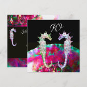 SEAHORSES BEACH WEDDING MONOGRAM, roze blauw zwart Kaart (Voorkant / Achterkant)