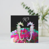 SEAHORSES BEACH WEDDING MONOGRAM, roze blauw zwart Kaart (Staand voorkant)