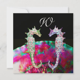SEAHORSES BEACH WEDDING MONOGRAM, roze blauw zwart Kaart
