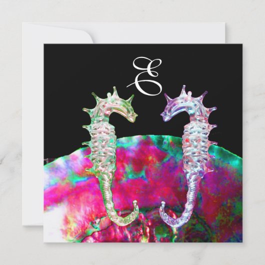 SEAHORSES BEACH WEDDING MONOGRAM, roze blauw zwart Kaart (Voorkant)