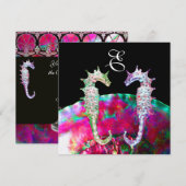 SEAHORSES BEACH WEDDING MONOGRAM, roze blauw zwart Kaart (Voorkant / Achterkant)