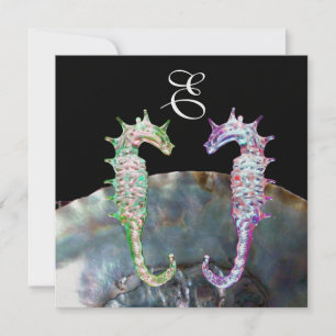 SEAHORSES BEACH WEDDING MONOGRAM, roze zwart Kaart