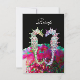 SEAHORSES BEACH WEDDING MONOGRAM, RSVP roze zwart Kaartje