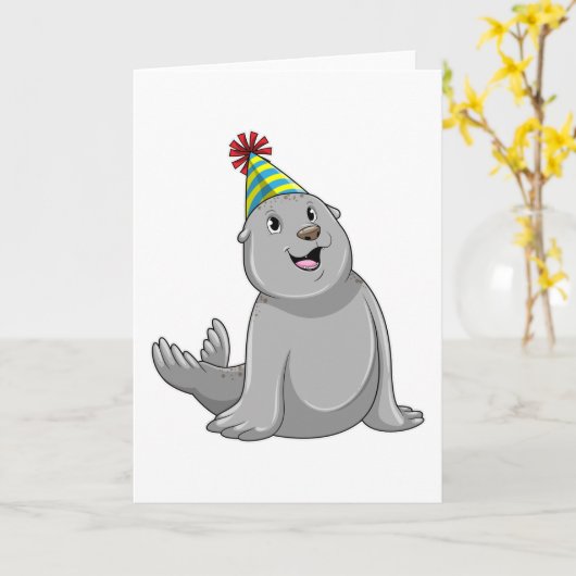 Seal with Party hat Party Kaart (Gele Bloem)
