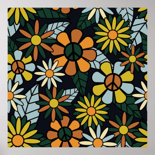 Seamless 70's retro hippie flowers pattern - Vinta Poster (Voorkant)