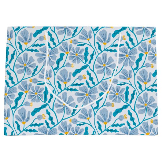Seamless Blue Mid-Century Modern Floral Pattern Groot Cadeauzakje (Voorkant)