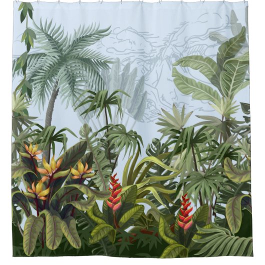 Seamless border with jungle trees and flowers. Vin Douchegordijn (Voorkant)