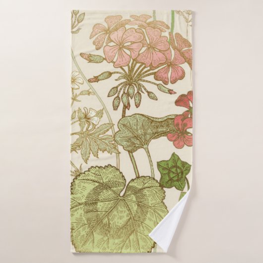 Seamless floral pattern. Green foliage, pink gera Badhanddoek (Badhanddoek)