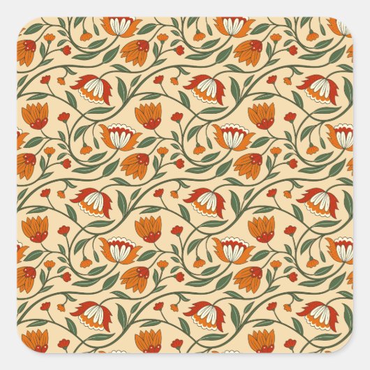 Seamless floral pattern in beige background vierkante sticker (Voorkant)