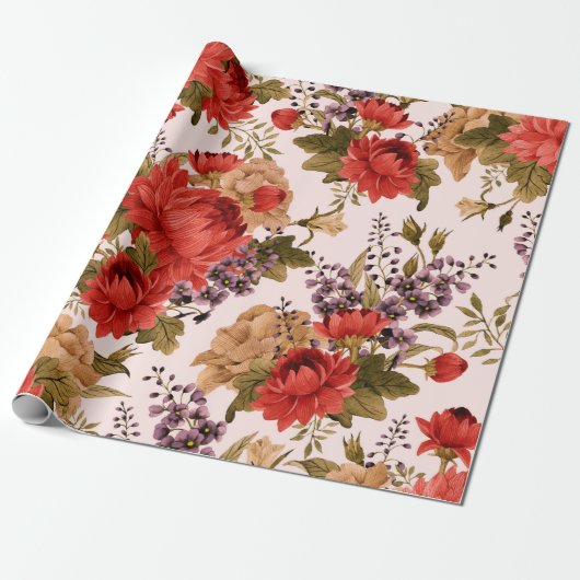 Seamless floral pattern roses with chrysanthemum a cadeaupapier (Uitgerold)
