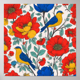 Seamless High-Saturation Folk Art Tiling Pattern Poster