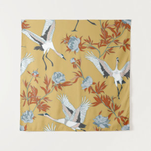 Seamless pattern with Japanese white cranes and pe Wandkleed