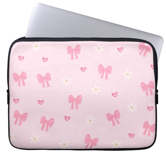 Seamless Pink Bow and Floral Pattern – Cute Girly  Laptop Sleeve (Voorkant)