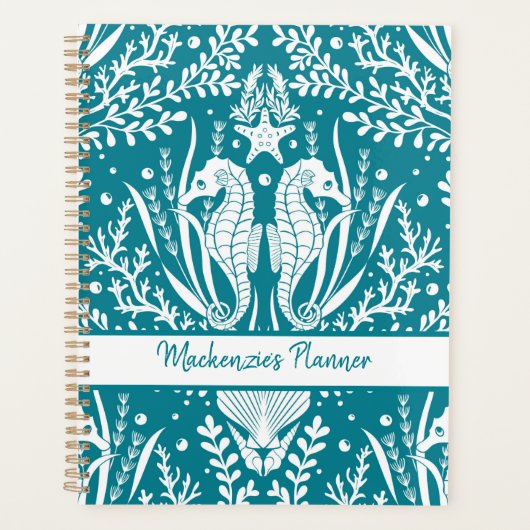 Seapaarden Aangepaste Blauwgroen Blauwe Damask Planner (Voorkant)