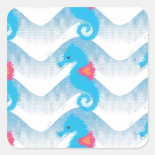 Seapaarden en Blue Waves Pattern Vierkante Sticker