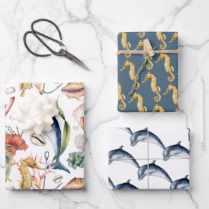 Seapaarden en Dauphins, Nautical Matching Design Inpakpapier Vel