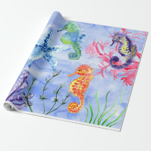 Seapaarden en Starfish met koraalpatroon Cadeaupapier