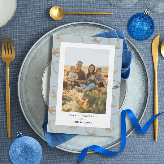 Seas & salutations Seashell Blue Holiday Carte pho