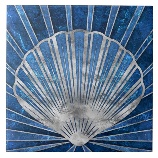 Seashell Art Deco - Blauw Marmer en Zilver Tegeltje (Voorkant)