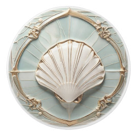 Seashell Art Nouveau Faux Relief Mint Blauw & Goud Keramische Knop
