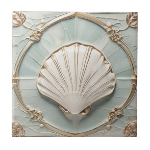 Seashell Art Nouveau Faux Relief Mint Blauw & Goud Tegeltje