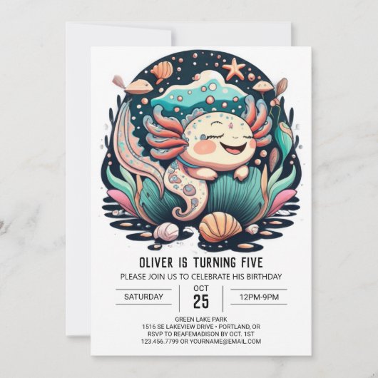 Seashell Axolotl Verjaardag uitnodiging (Voorkant)