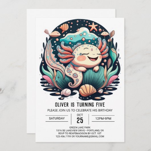 Seashell Axolotl Verjaardag uitnodiging (Voorkant / Achterkant)