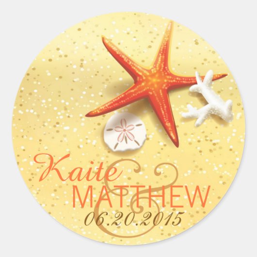 Seashell Beach Bestemming Trouwlabel Ronde Sticker (Voorkant)